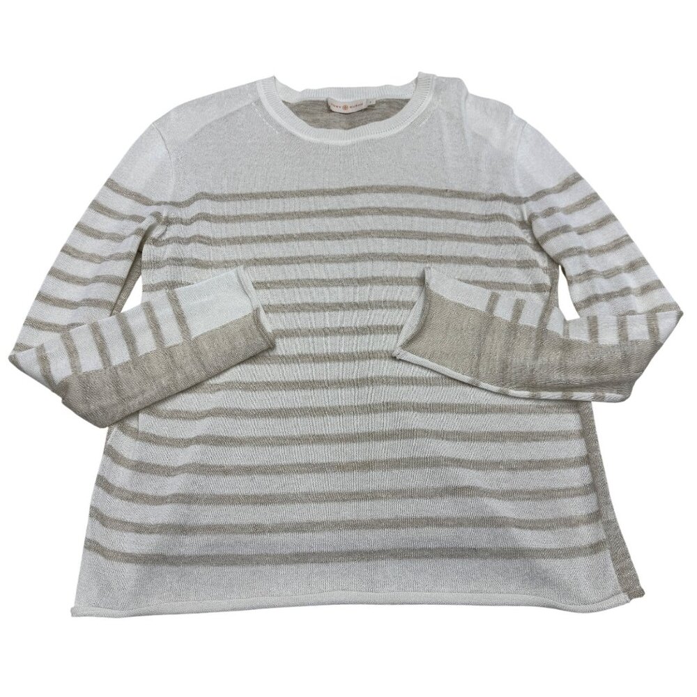 Tory Burch Women's Linen Blend Stripe Sheer LS Metallic Sweater Top, Size S